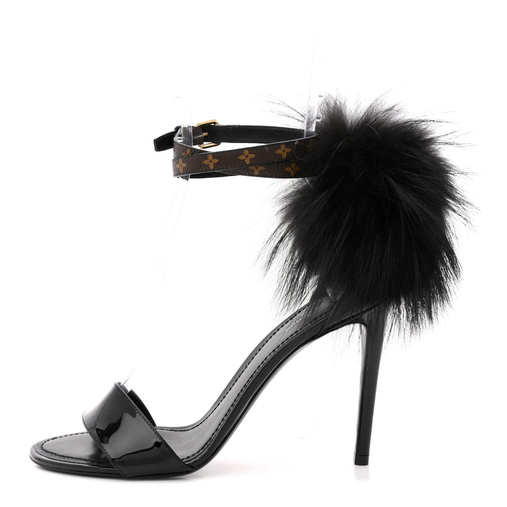 Monogram Patent Fur Sandals 38 Black