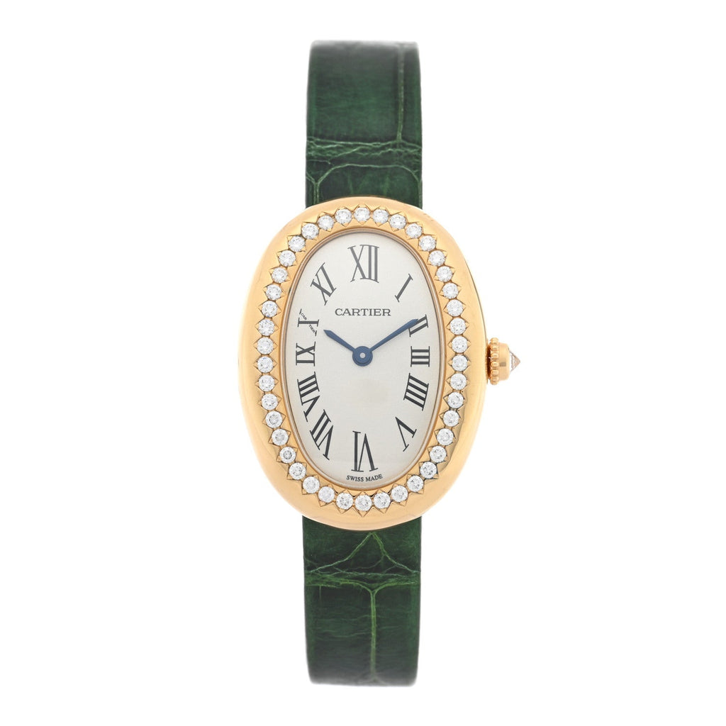 18K Yellow Gold Alligator Diamond Bezel 24mm Baignoire Quartz Watch Green