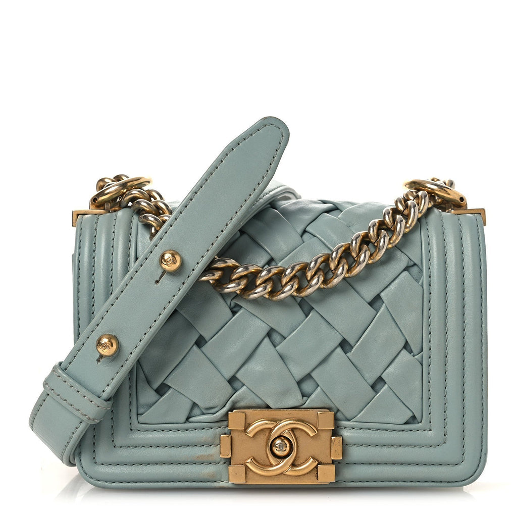 Lambskin Woven Mini Chateau Boy Flap Light Blue