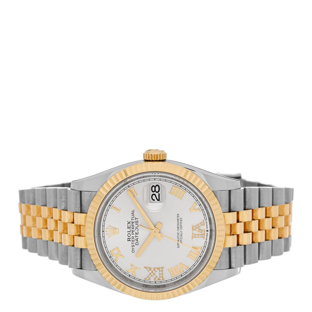 Stainless Steel 18K Yellow Gold Diamond 36mm Oyster Perpetual Datejust Watch Silver Roman 126233
