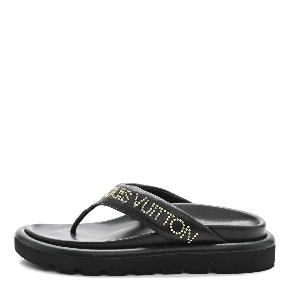 Calfskin Logo Studded Pillow Flat Thong Sandals 35 Black