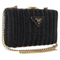 PRADA Chain Shoulder Bag Rattan Black Gold Auth 197136M