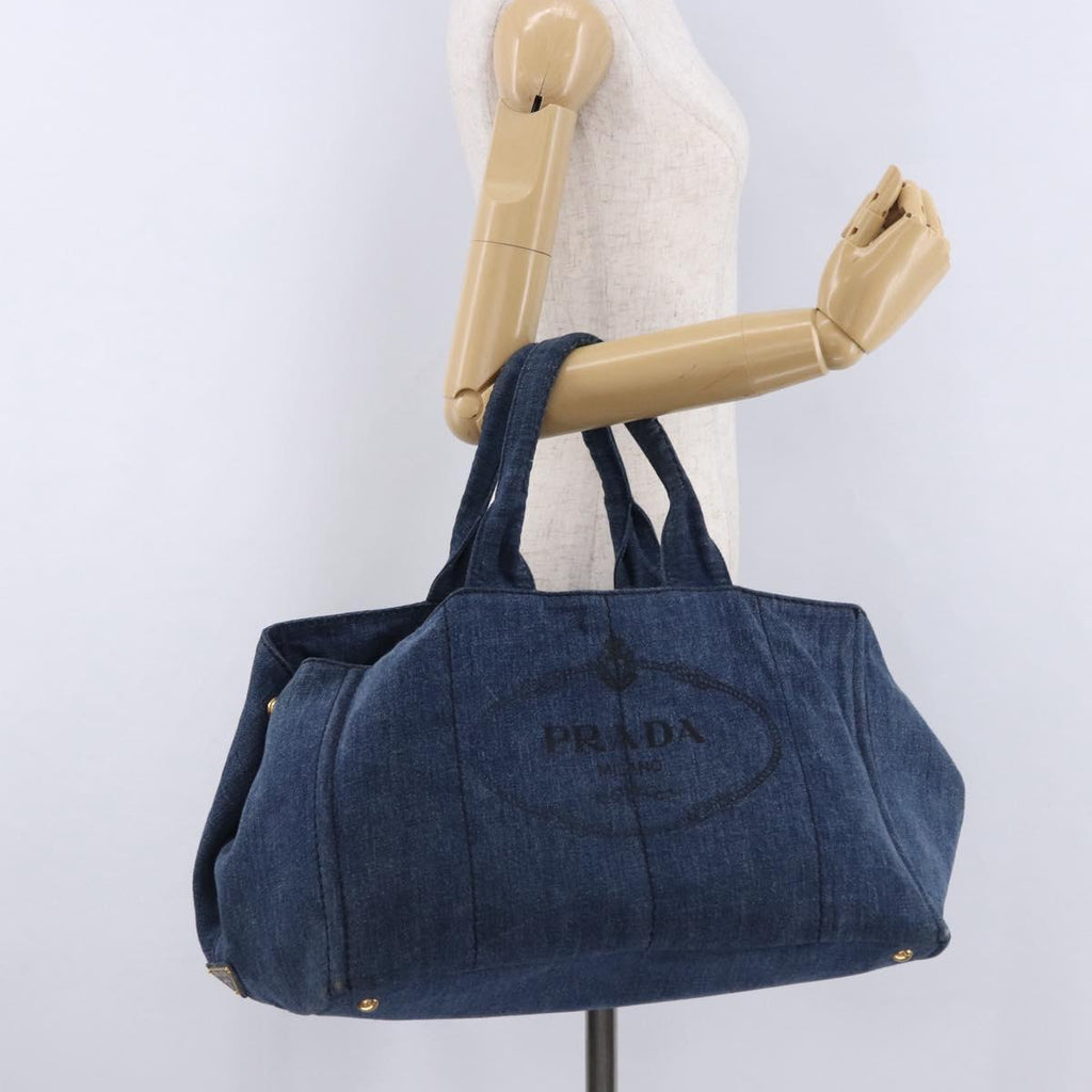 PRADA Canapa GM Hand Bag Denim Blue Gold Auth 197708