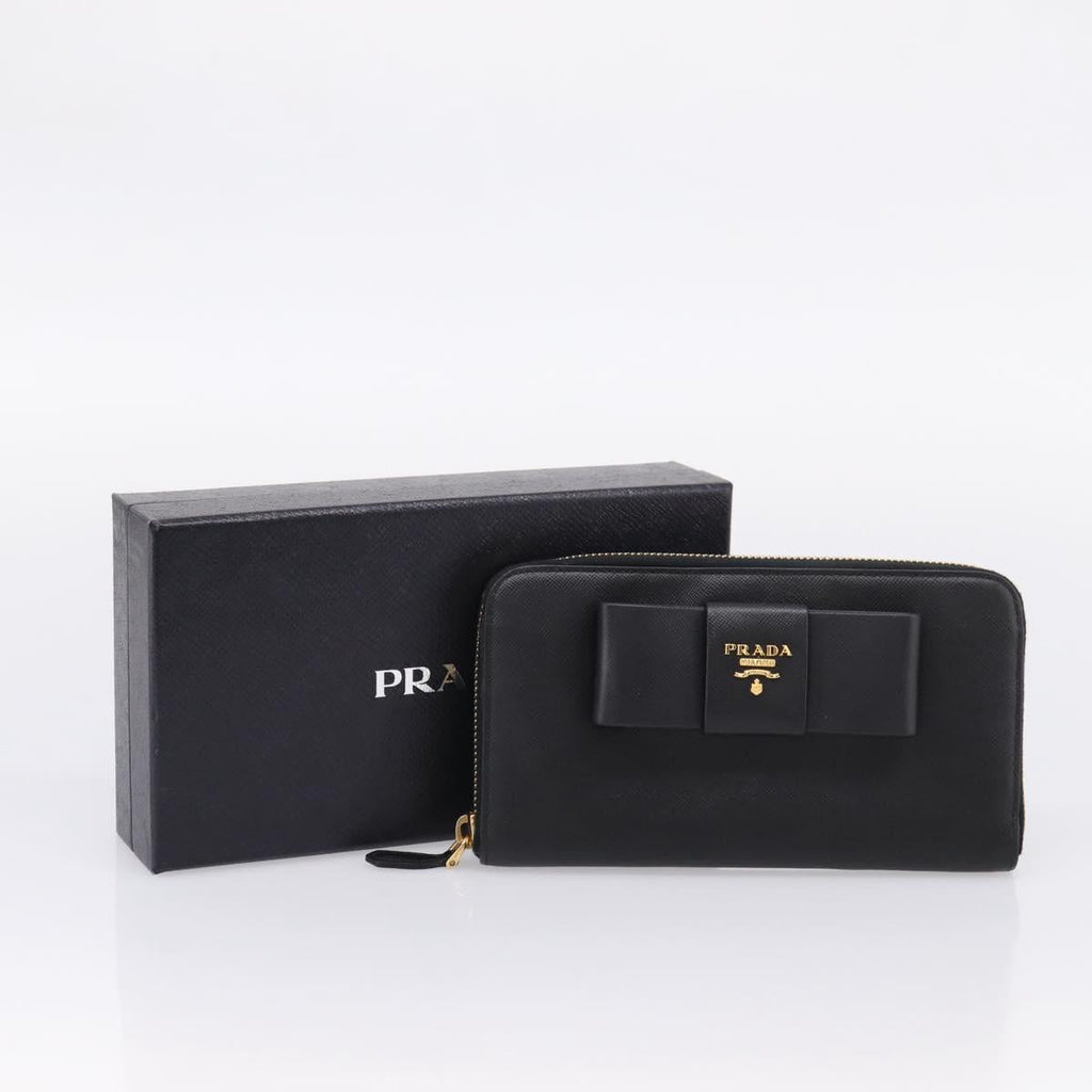 PRADA Long Wallet Saffiano leather Black Gold Auth 197935V