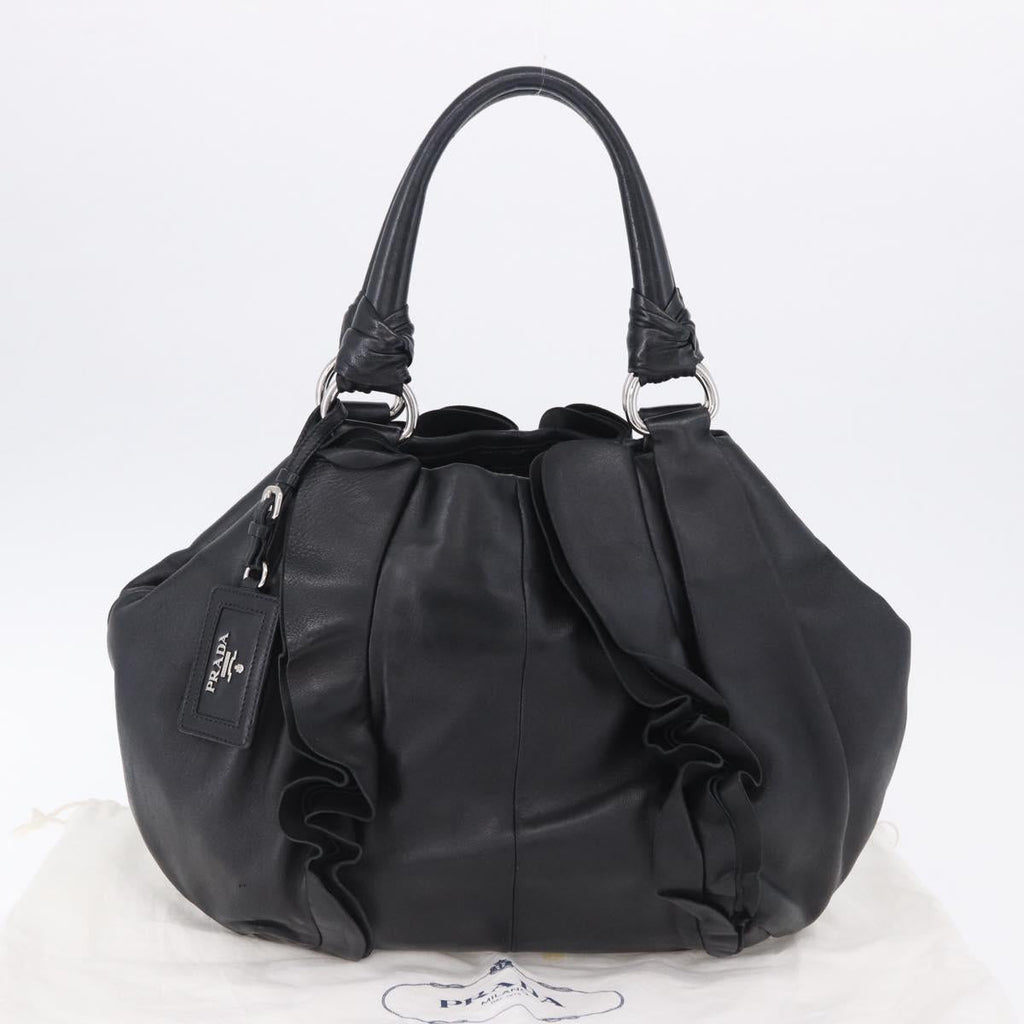 PRADA Hand Bag Leather Black Silver Auth 198268V