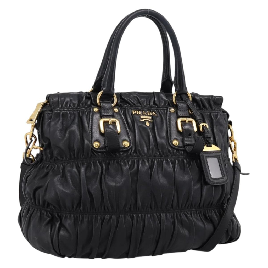 PRADA Nappa Goful Hand Bag Leather 2way Black Gold BN1407 Auth 198604A
