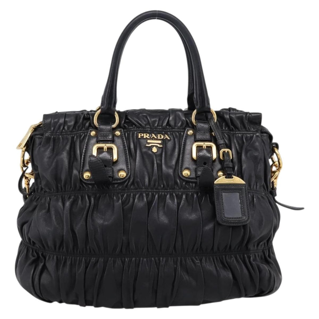 PRADA Nappa Goful Hand Bag Leather 2way Black Gold BN1407 Auth 198604A
