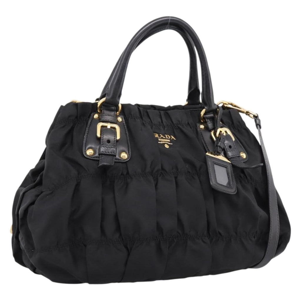 PRADA Gathered Hand Bag Nylon 2way Black Gold Auth 199147V