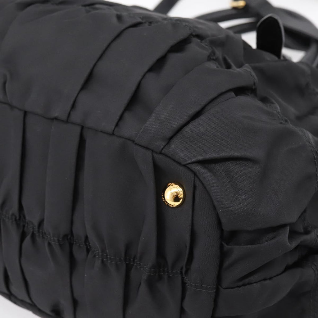 PRADA Gathered Hand Bag Nylon 2way Black Gold Auth 199147V