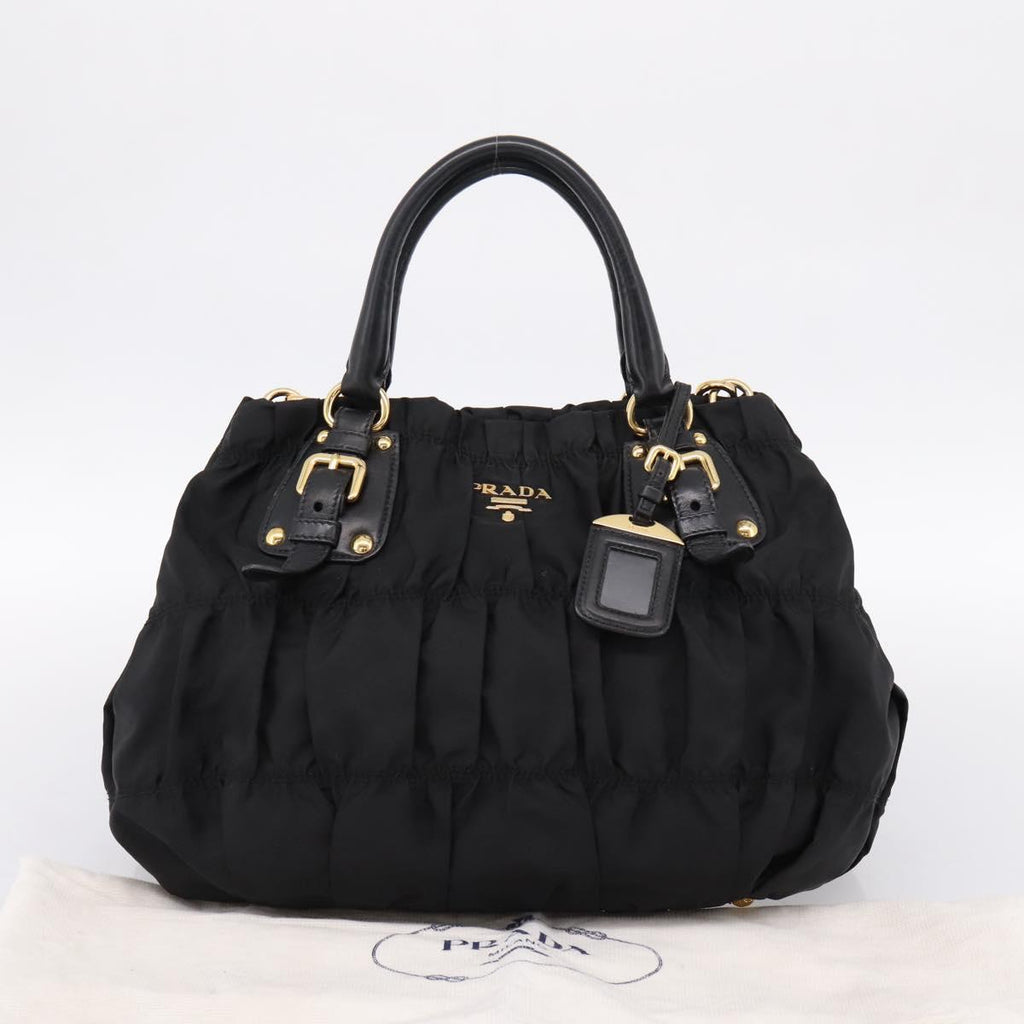 PRADA Gathered Hand Bag Nylon 2way Black Gold Auth 199147V