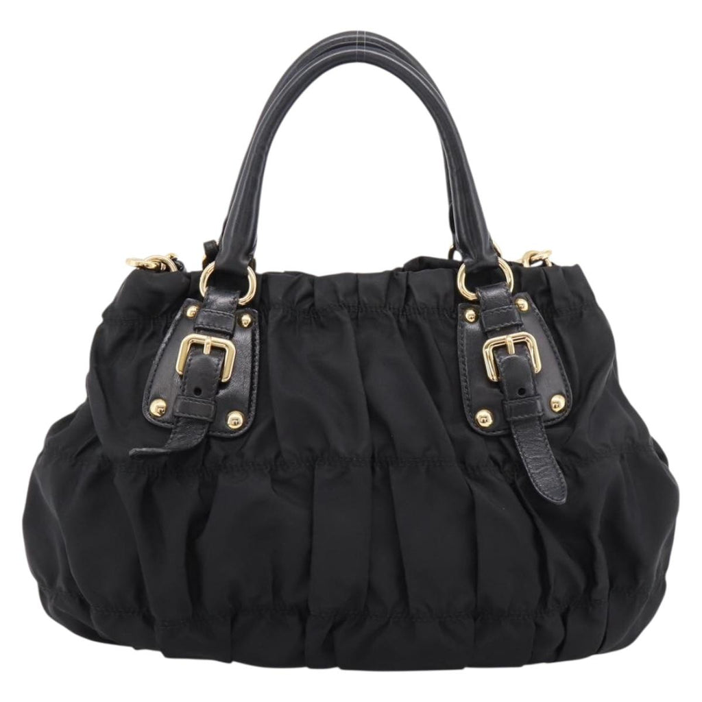 PRADA Gathered Hand Bag Nylon 2way Black Gold Auth 199147V