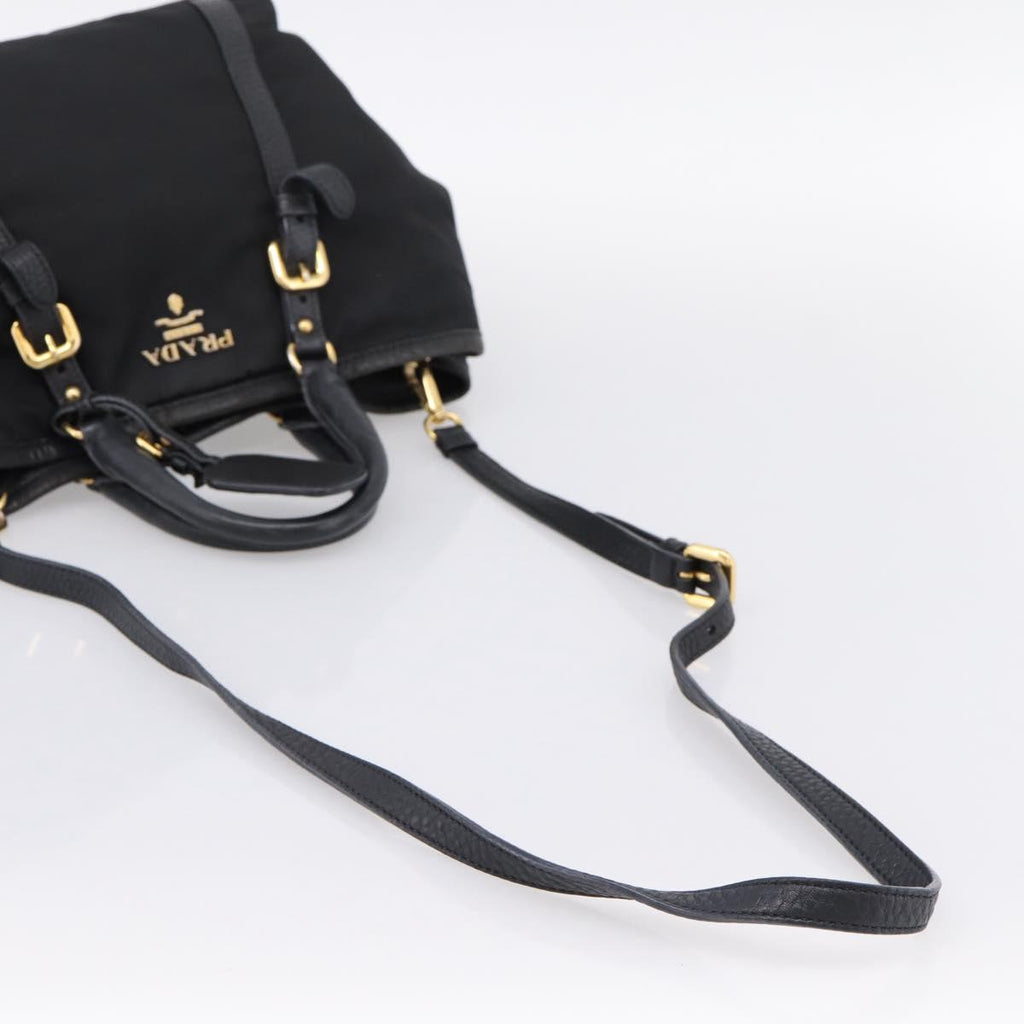 PRADA Hand Bag Nylon Leather 2way Black Gold Auth 199485A