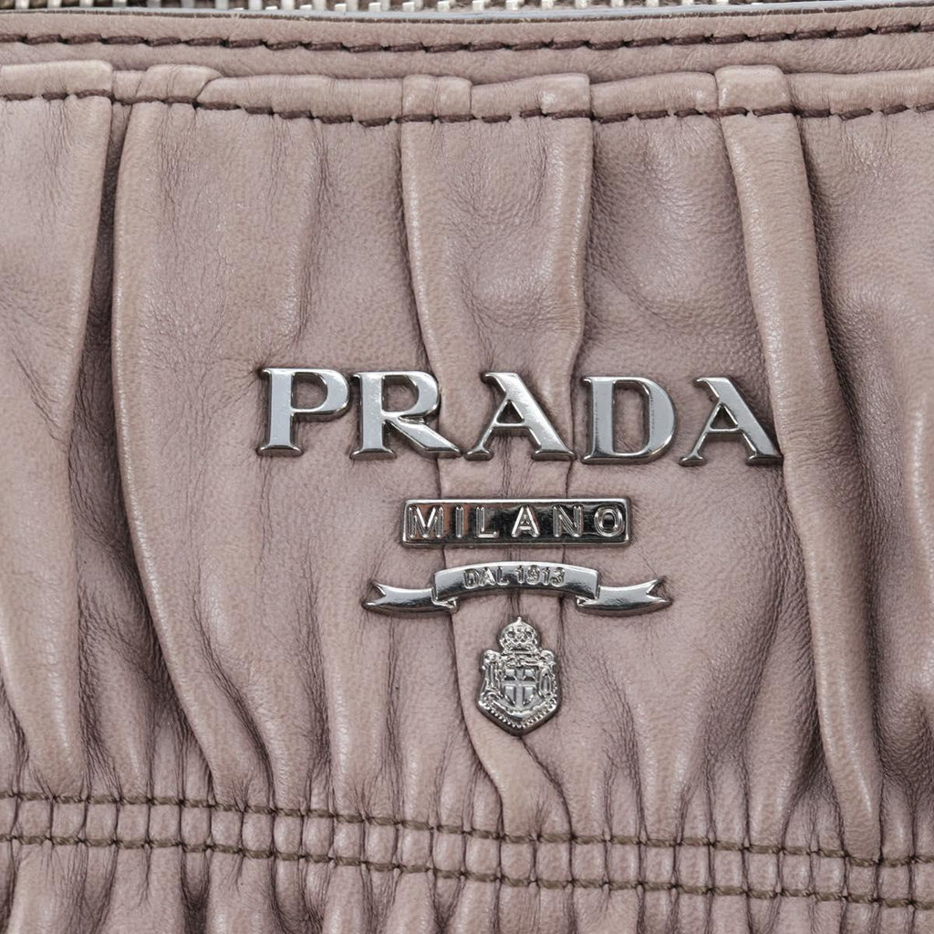 PRADA Gathered Hand Bag Leather 2way Gray Silver Auth 199643V