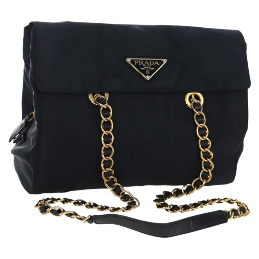PRADA Chain Shoulder Bag Nylon Black Gold Auth 199857V