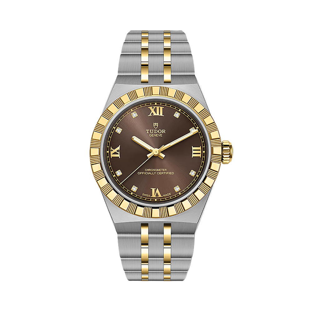 TUDOR Royal Yellow Gold Two-Tone 30mm - Brown, Diamond-Set on Bracelet