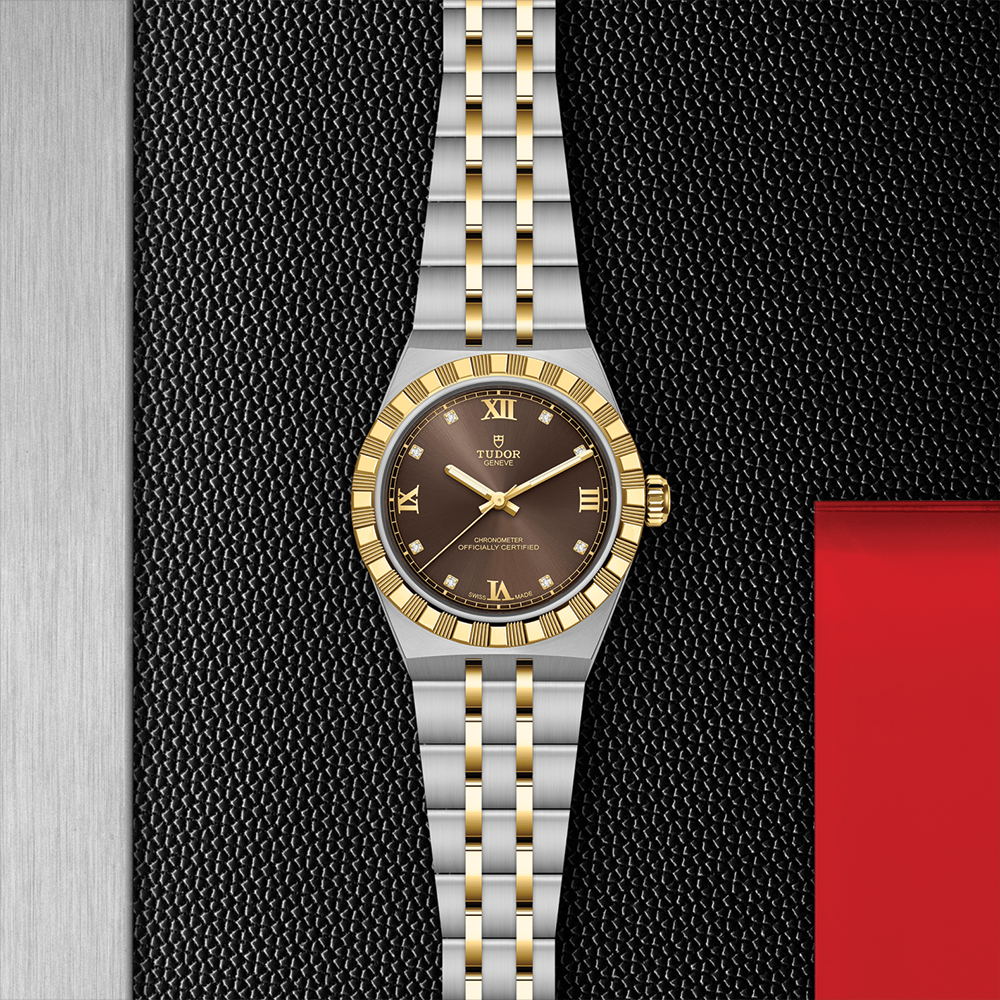 TUDOR Royal Yellow Gold Two-Tone 30mm - Brown, Diamond-Set on Bracelet
