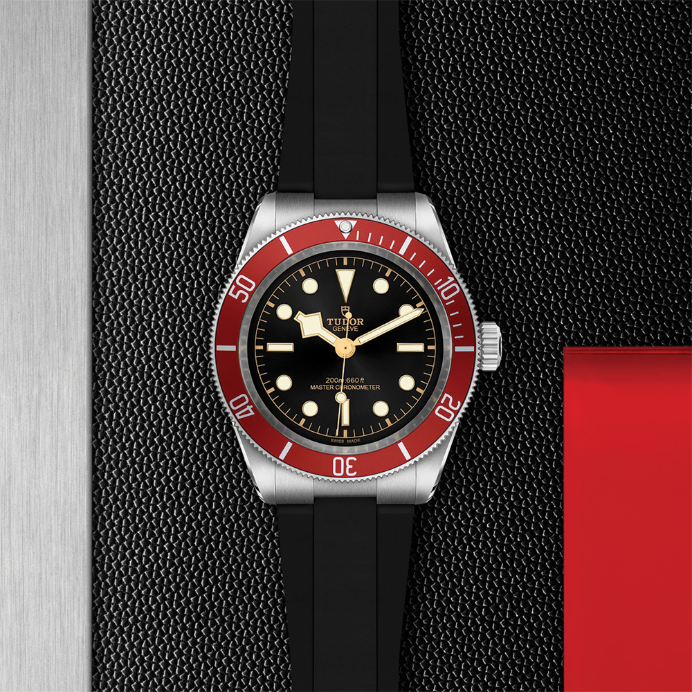 Black Bay 41mm - Black, Burgundy Bezel on Rubber Strap