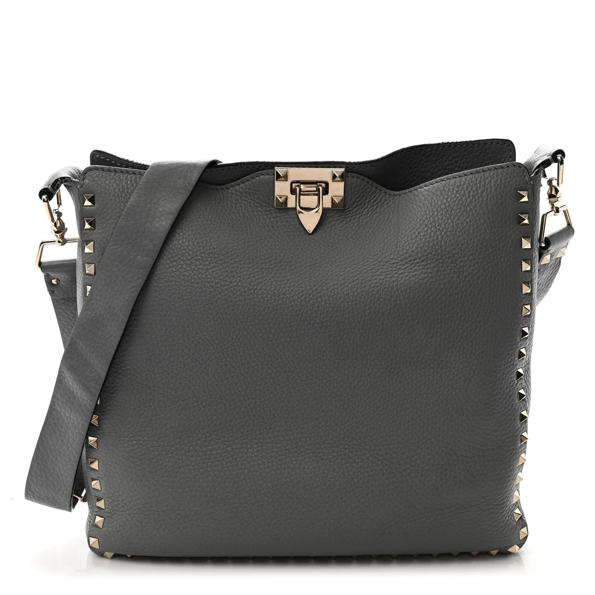 Pebbled Calfskin Small Rockstud Flip-Lock Messenger Bag Light Stone