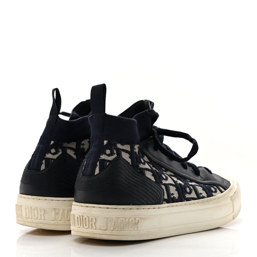 Technical Knit Calfskin Oblique Womens Walk'n Dior Mid Top Sneakers 35 Deep Blue