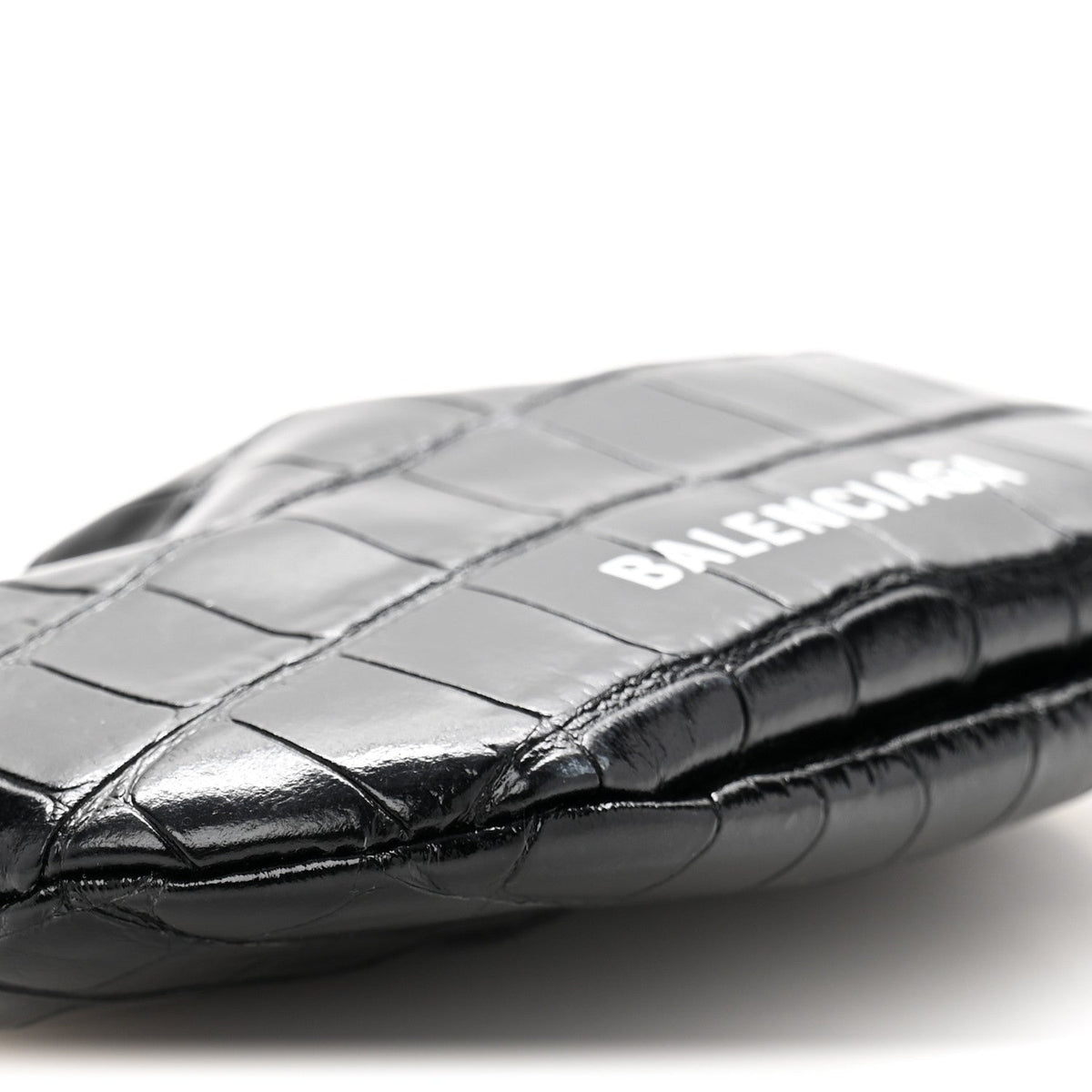 Shiny Supple Calfskin Logo Crocodile Embossed Cloud Coin Purse Black White