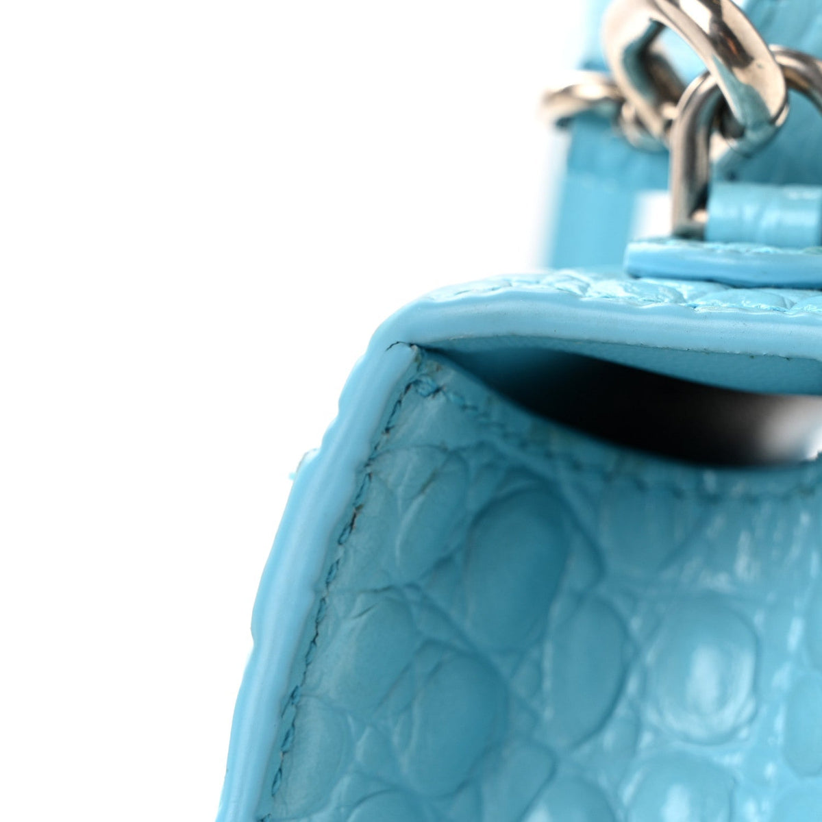 Shiny Calfskin Crocodile Embossed Hourglass Top Handle Bag XS Azur