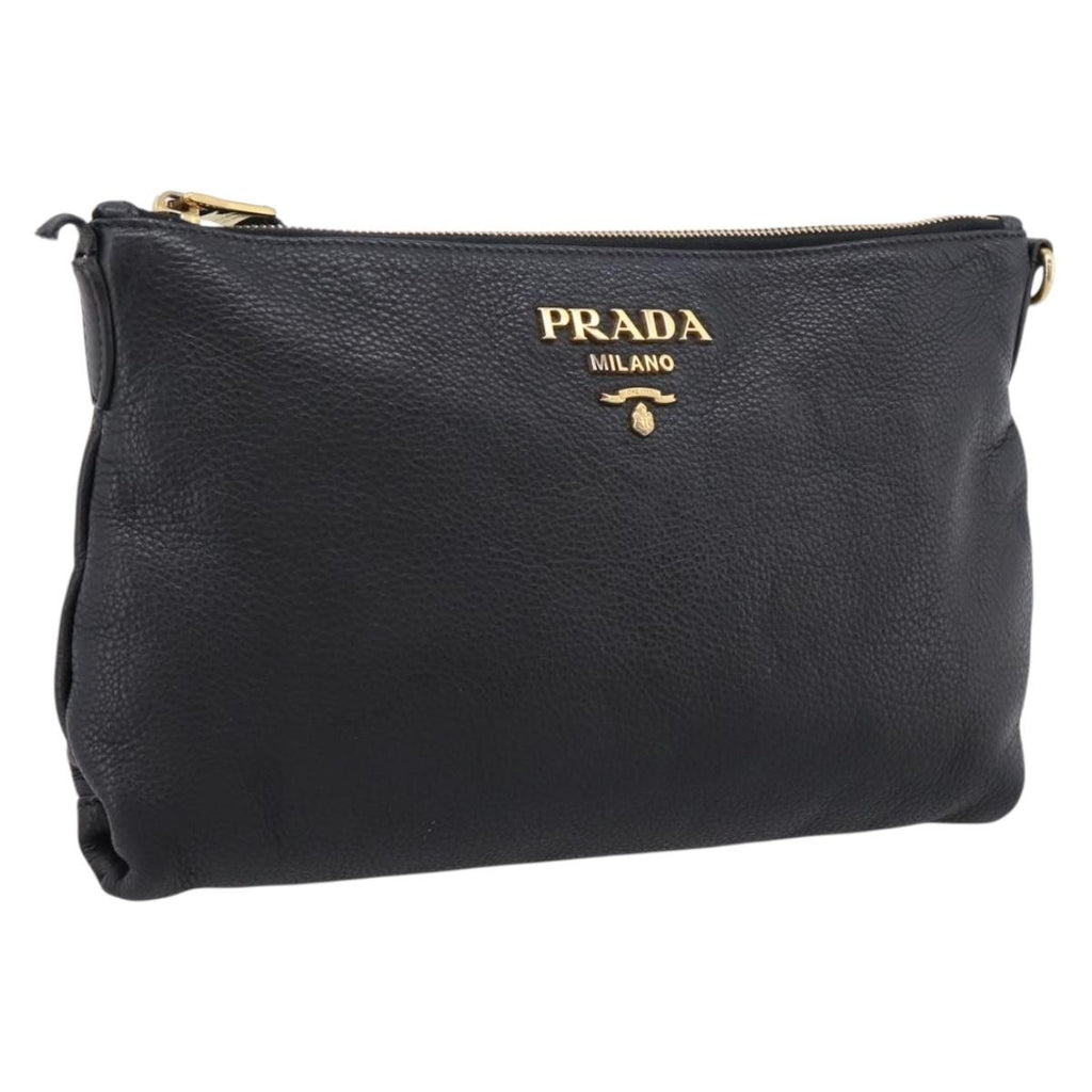 PRADA Clutch Bag Vittero Dino Leather Black Gold Auth 200490