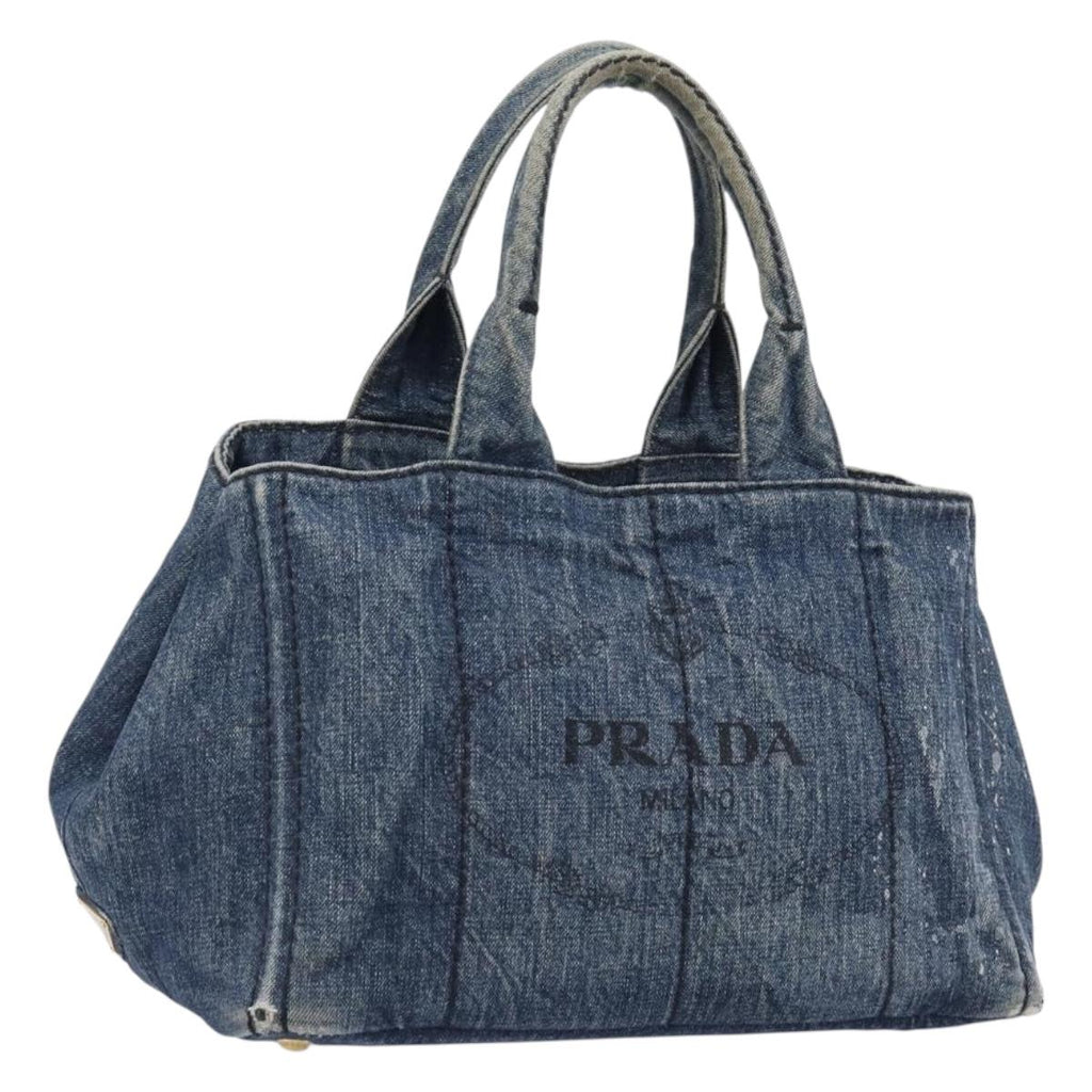 PRADA Canapa MM Hand Bag Denim Blue Gold Auth 201344
