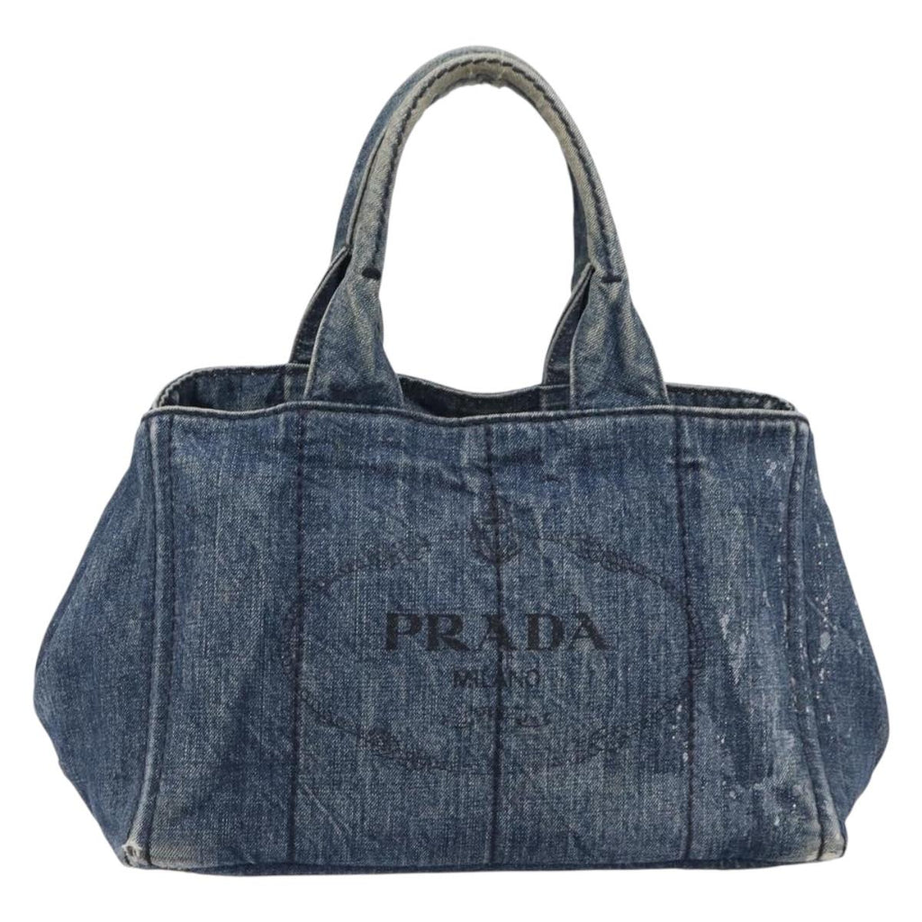PRADA Canapa MM Hand Bag Denim Blue Gold Auth 201344