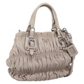PRADA Gathered Hand Bag Leather 2way Beige Silver Auth 201361V