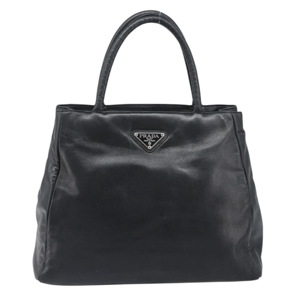 PRADA Hand Bag Leather Black Silver Auth 202075A