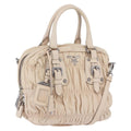 PRADA Gathered Hand Bag Leather 2way Ivory Silver Auth 203005V