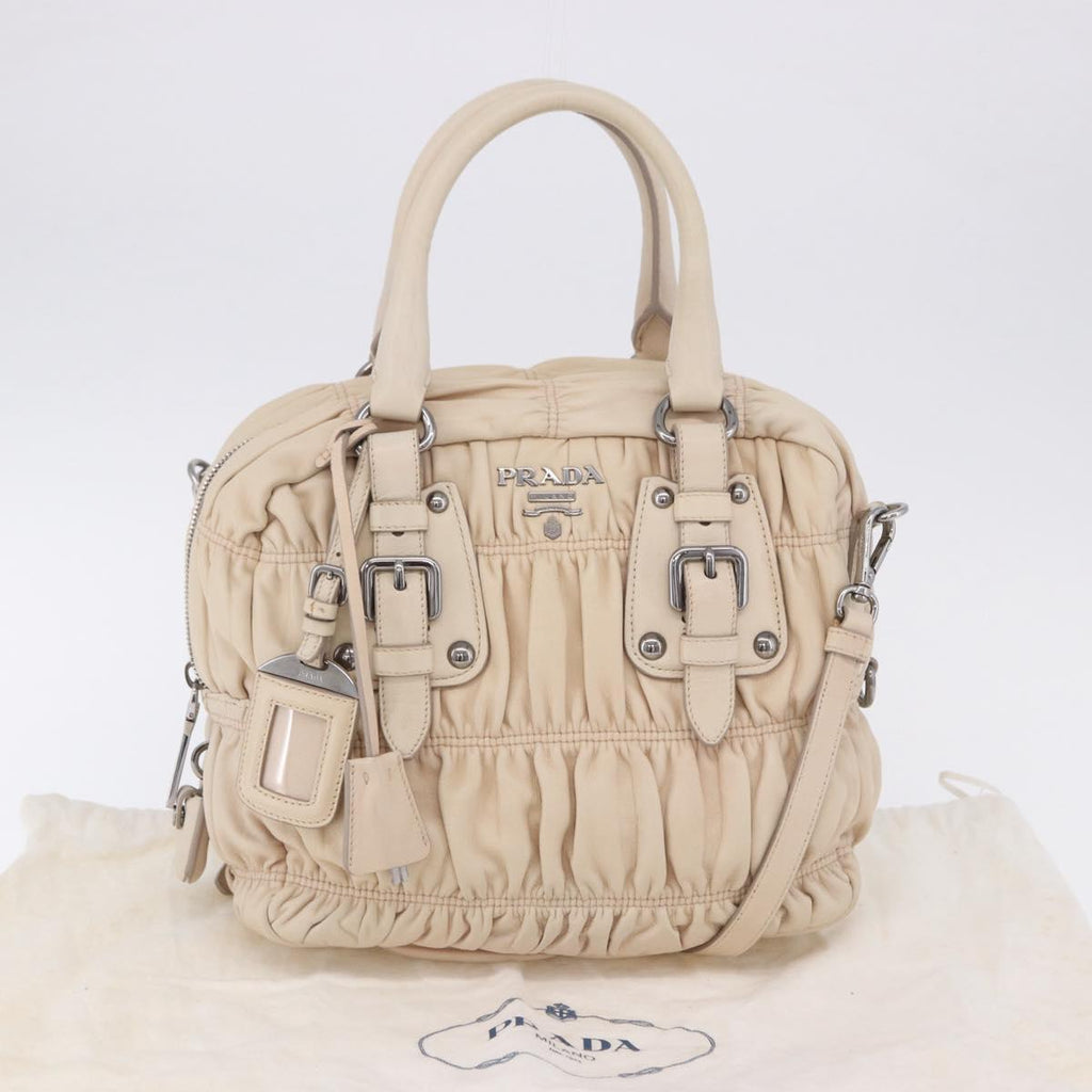 PRADA Gathered Hand Bag Leather 2way Ivory Silver Auth 203005V