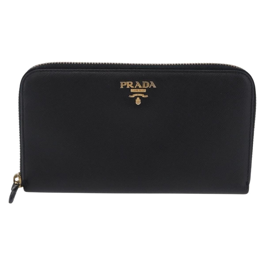 PRADA Long Wallet Saffiano Black Gold Tone Auth 203079