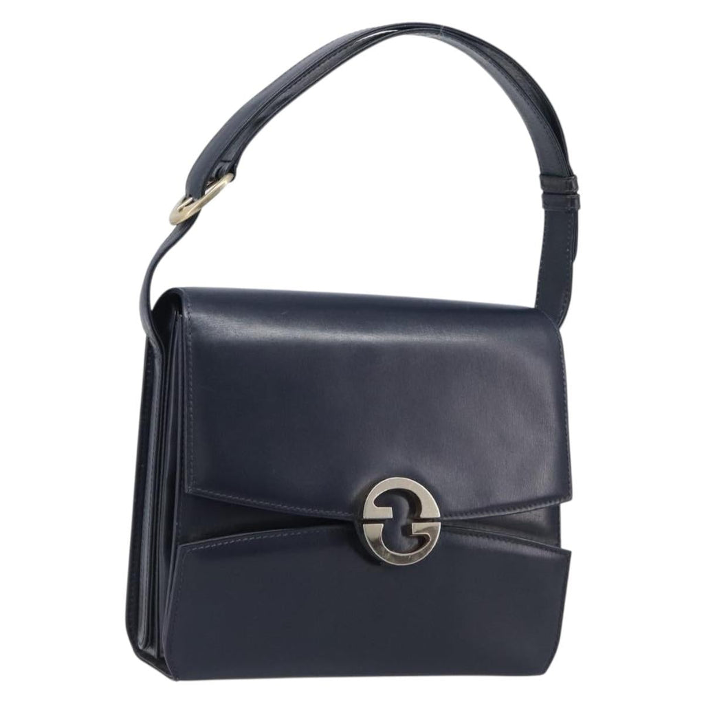 GUCCI Hand Bag Leather Navy Gold Auth 203834