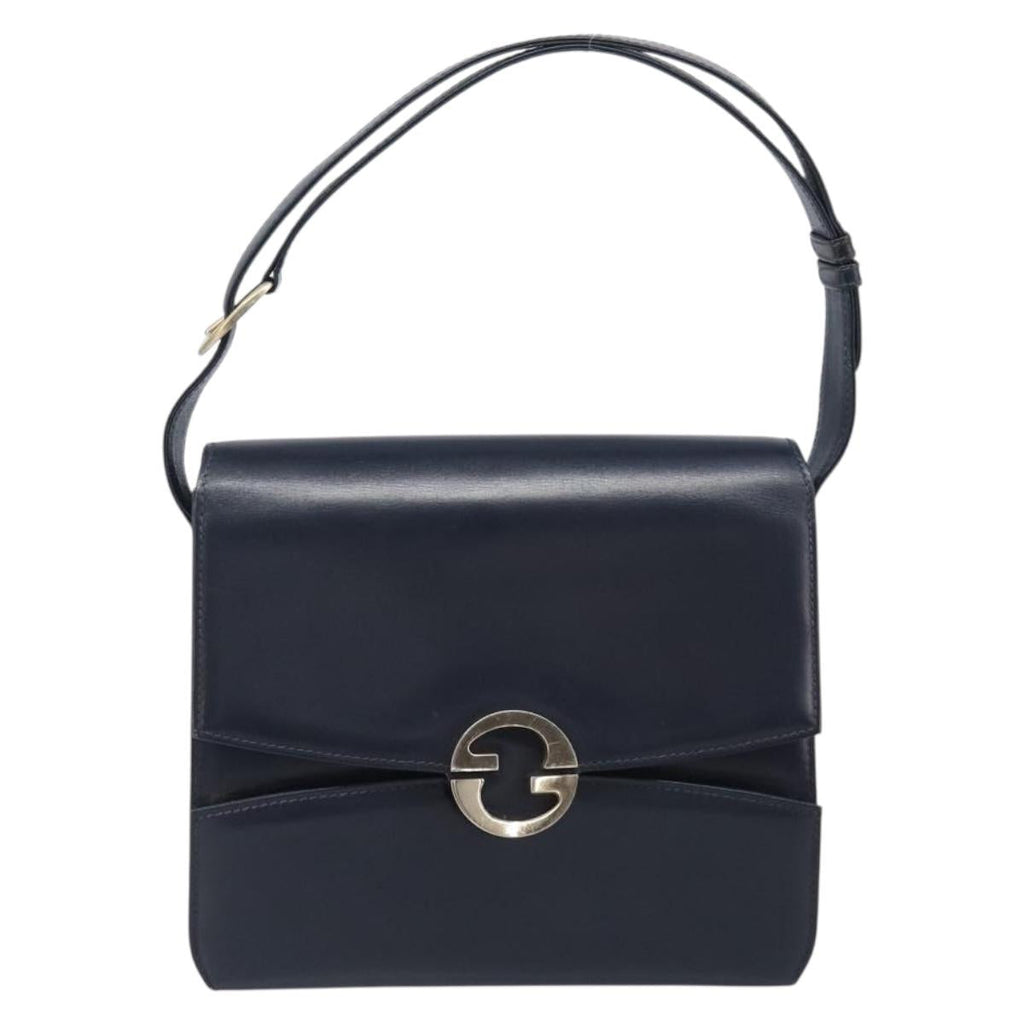 GUCCI Hand Bag Leather Navy Gold Auth 203834