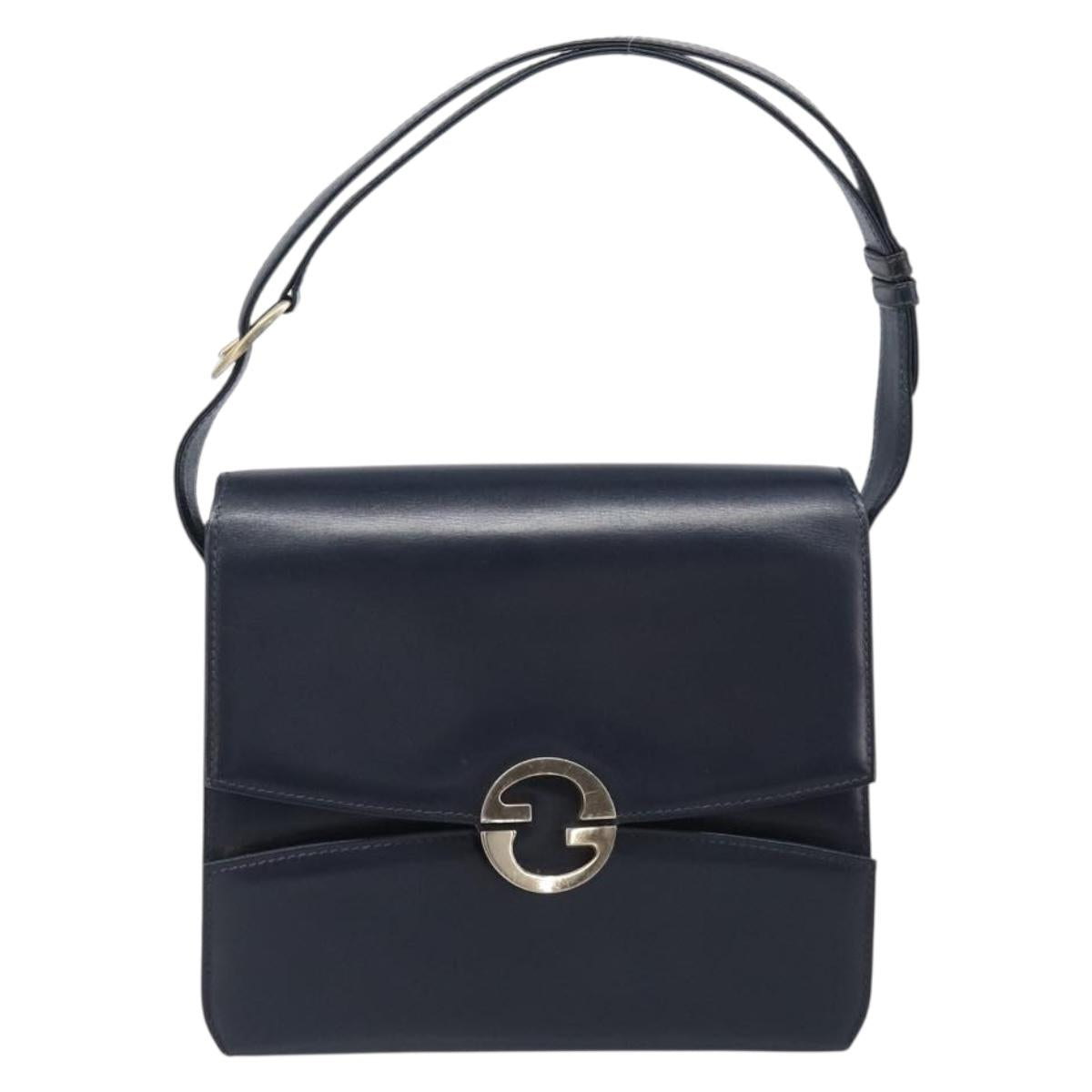 GUCCI Hand Bag Leather Navy Gold Auth 203834