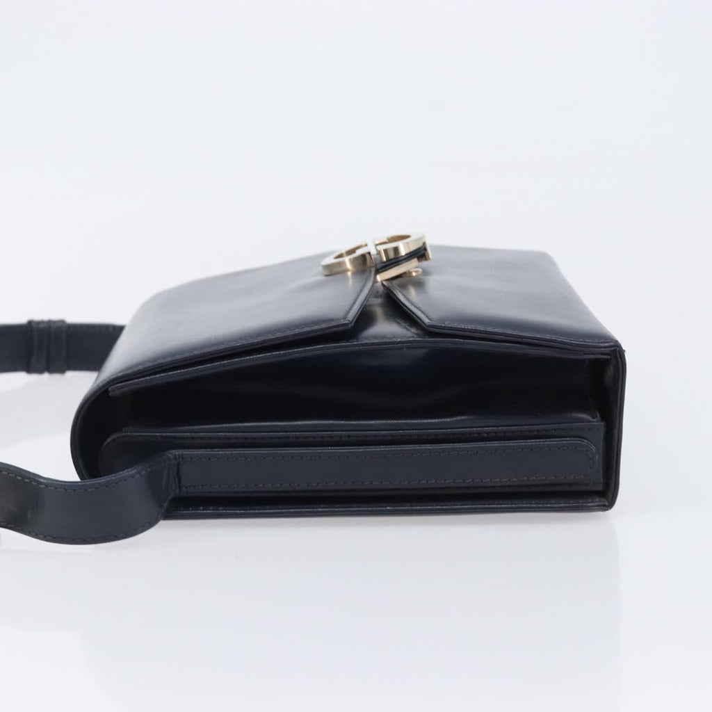 GUCCI Hand Bag Leather Navy Gold Auth 203834
