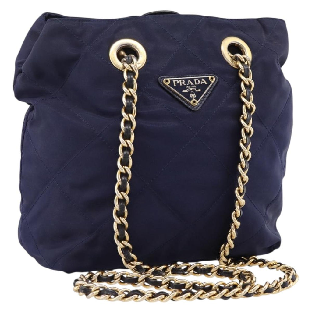PRADA Chain Shoulder Bag Nylon Navy Gold Auth 203877