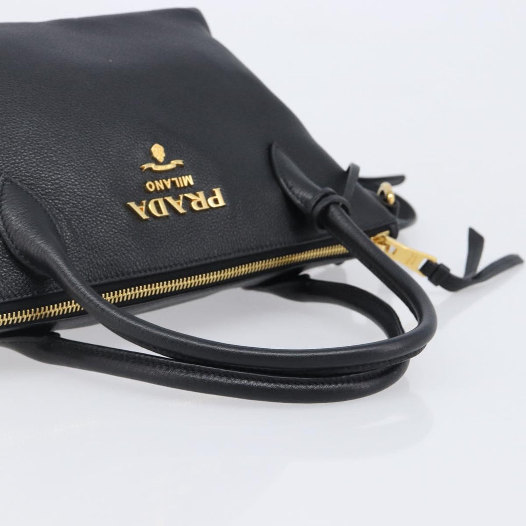 PRADA Hand Bag Leather 2way Black Gold Tone Auth 204580M