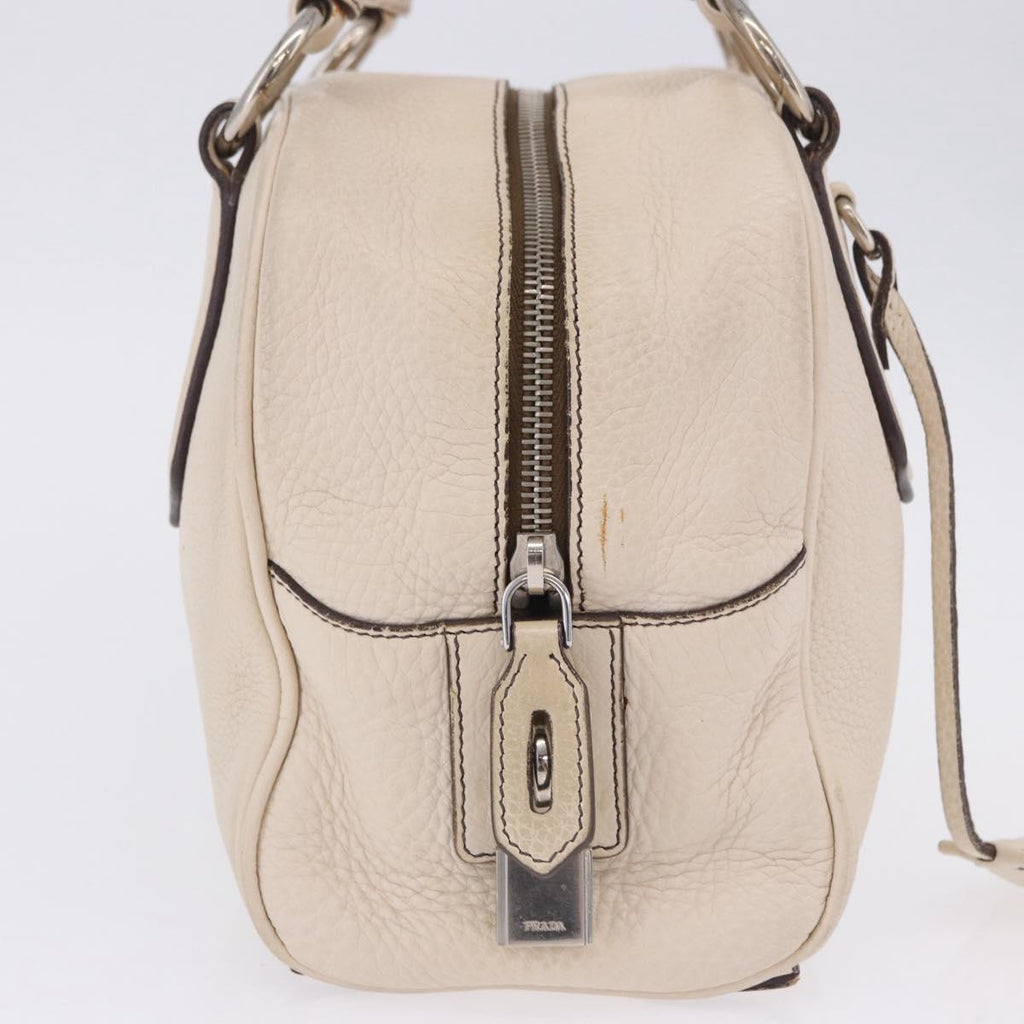 PRADA Hand Bag Leather White Silver Auth 204740A