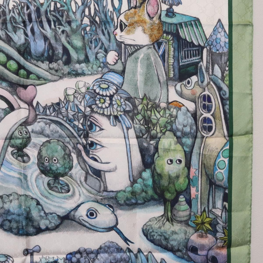 GUCCI Yuko Higuchi GG Scarf Silk Green White 863477 Auth 204930M