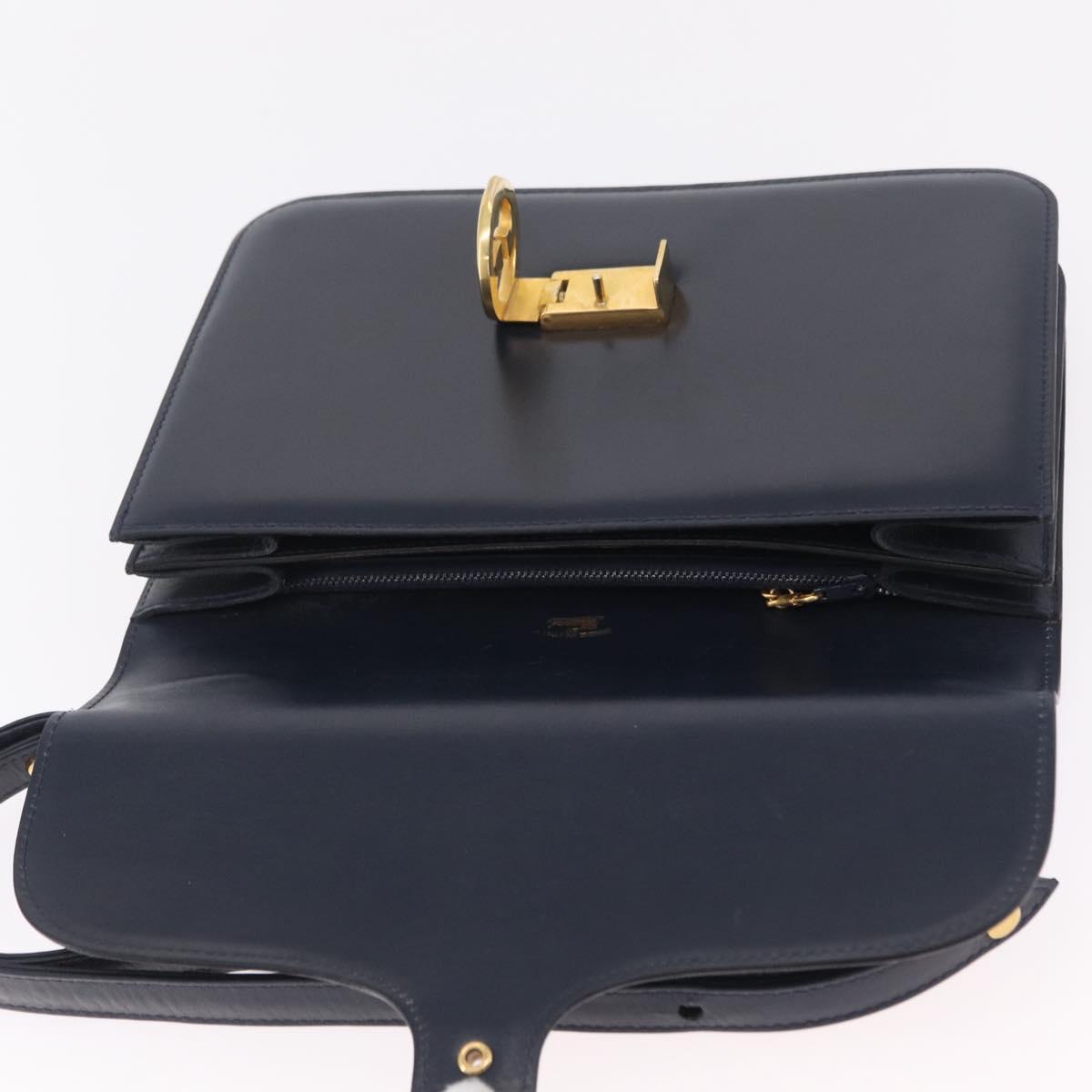 GUCCI Shoulder Bag Leather Navy Gold Auth 205027