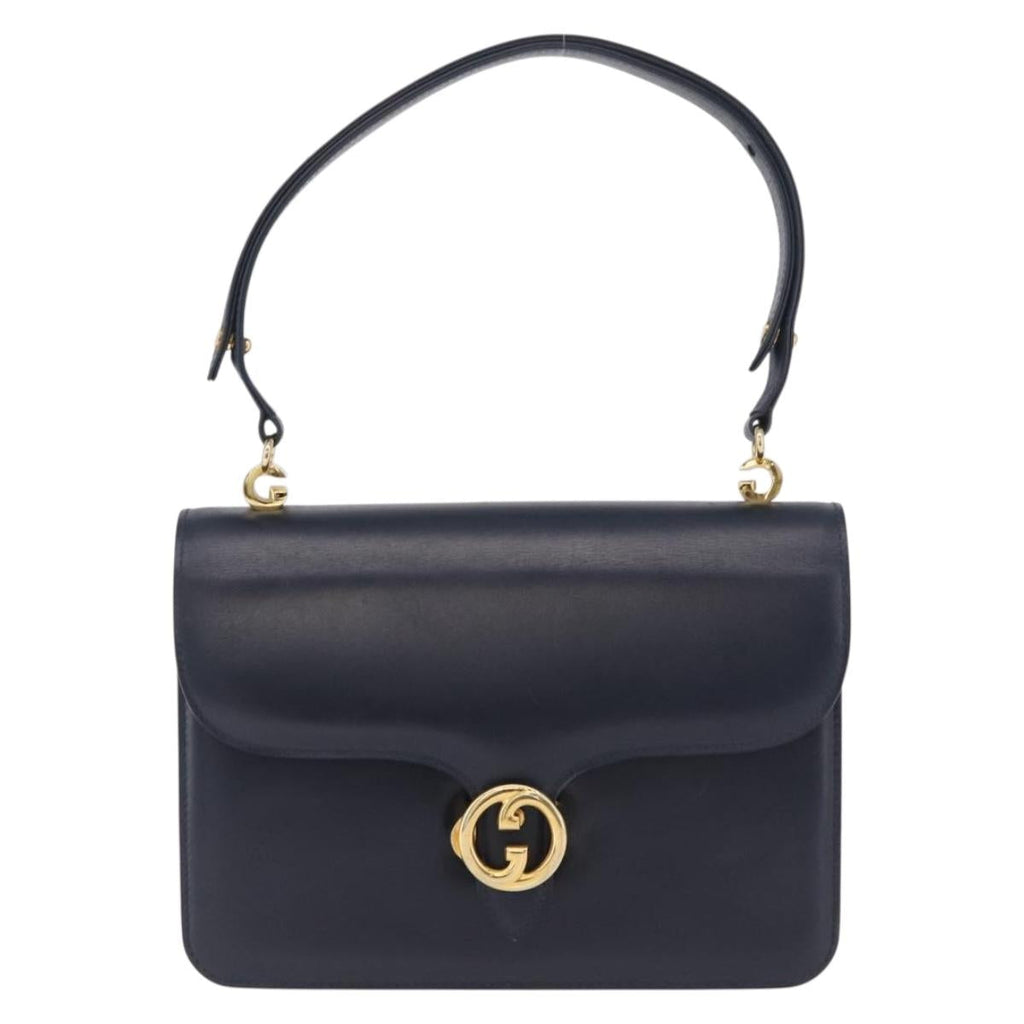 GUCCI Shoulder Bag Leather Navy Gold Auth 205027