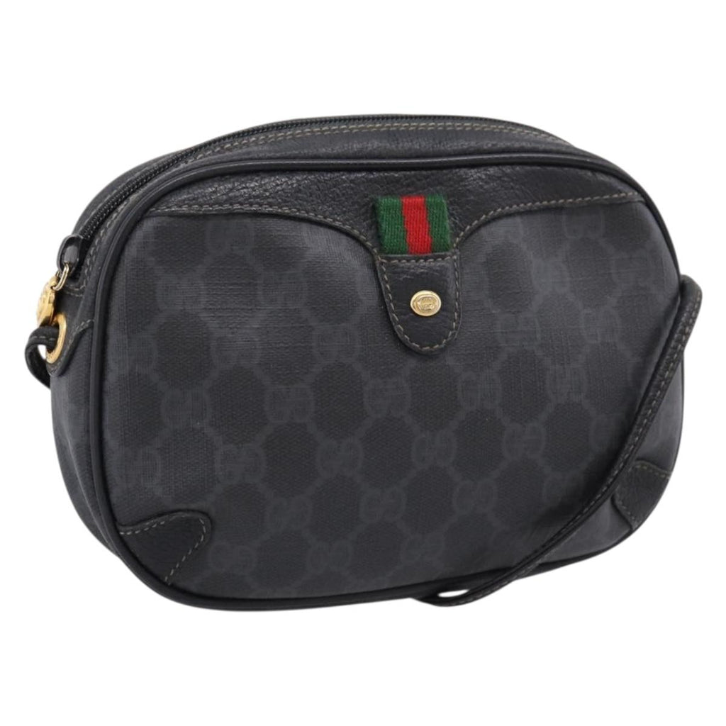 GUCCI GG Supreme Web Sherry Line Bag PVC Black Gold 156 02 066 Auth 205045