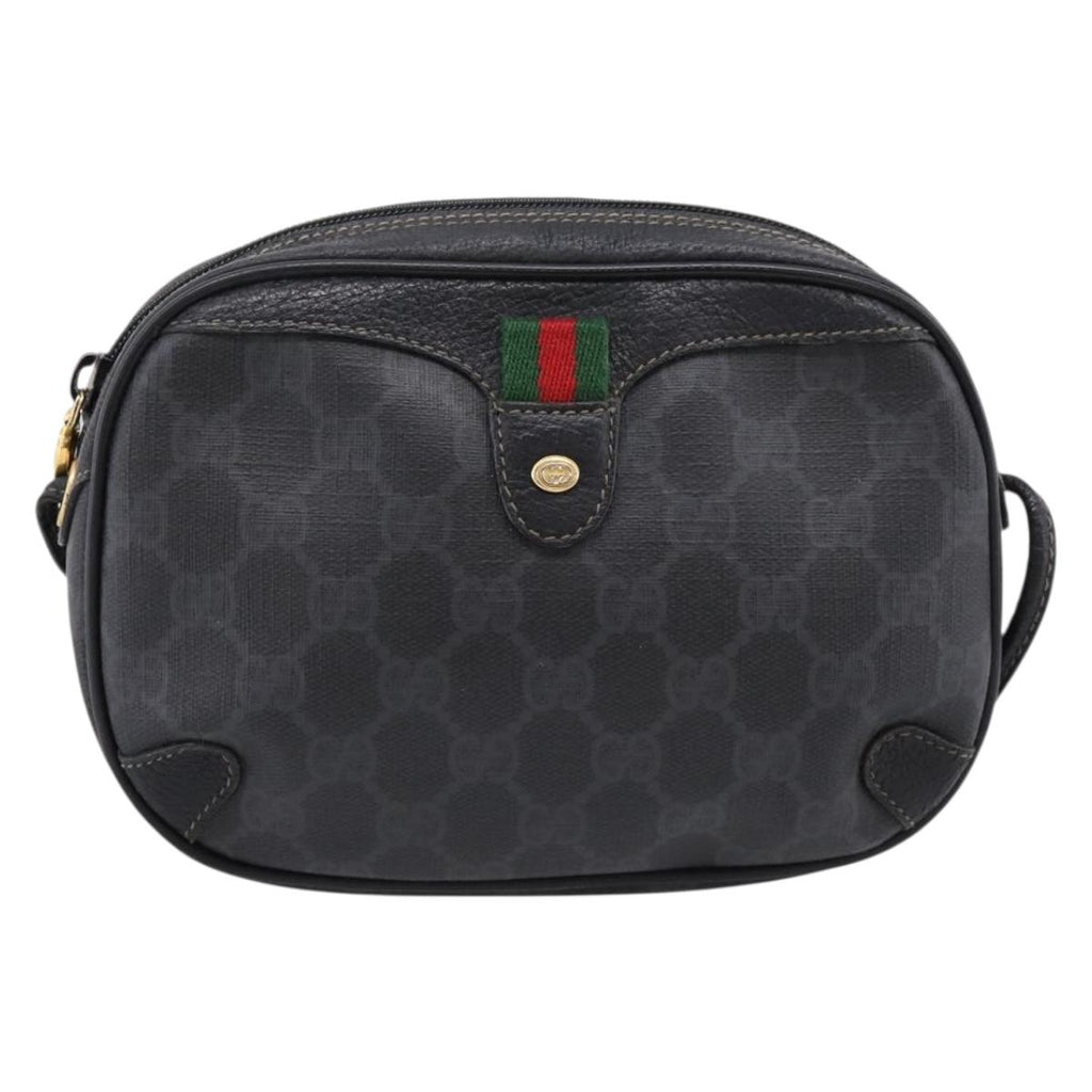 GUCCI GG Supreme Web Sherry Line Bag PVC Black Gold 156 02 066 Auth 205045