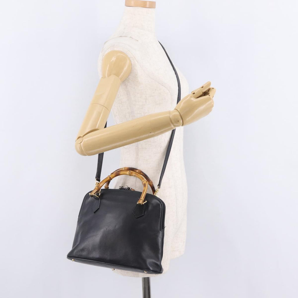 GUCCI Bamboo Hand Bag Leather 2way Black Gold 000 904 0290 Auth 205223