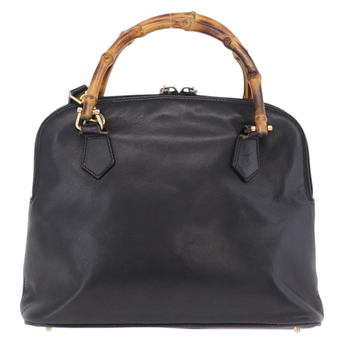 GUCCI Bamboo Hand Bag Leather 2way Black Gold 000 904 0290 Auth 205223