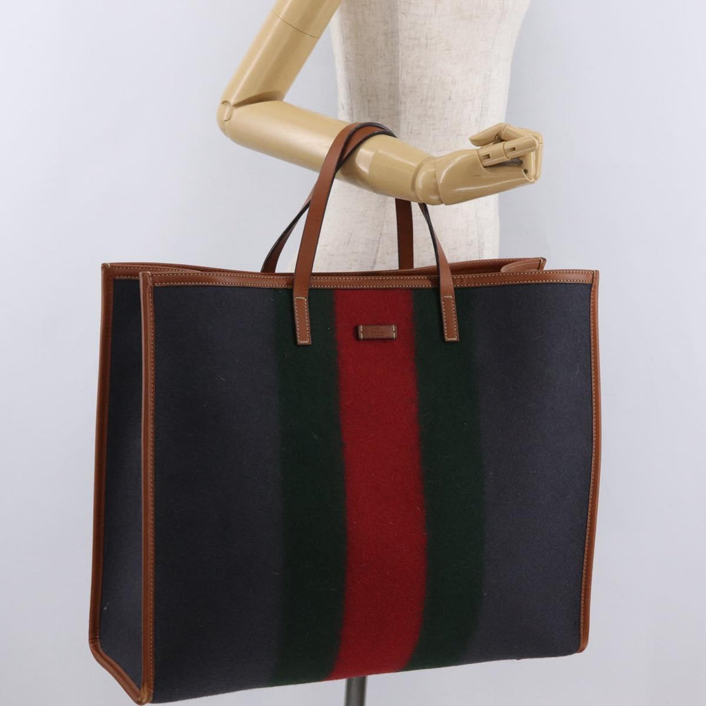 GUCCI Web Sherry Line Hand Bag Wool Gray Silver 295266 Auth 205906V