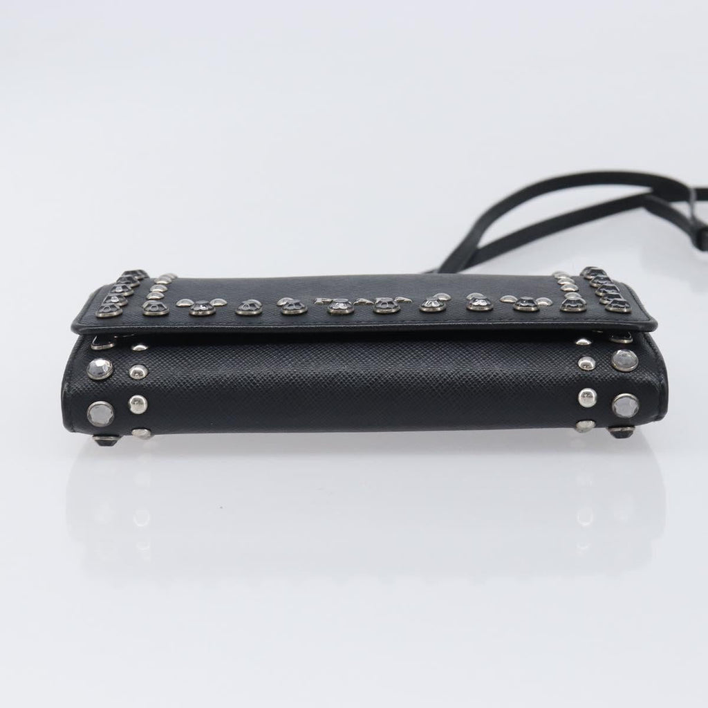 PRADA Shoulder Wallet Safiano leather Black Silver Auth 206147V