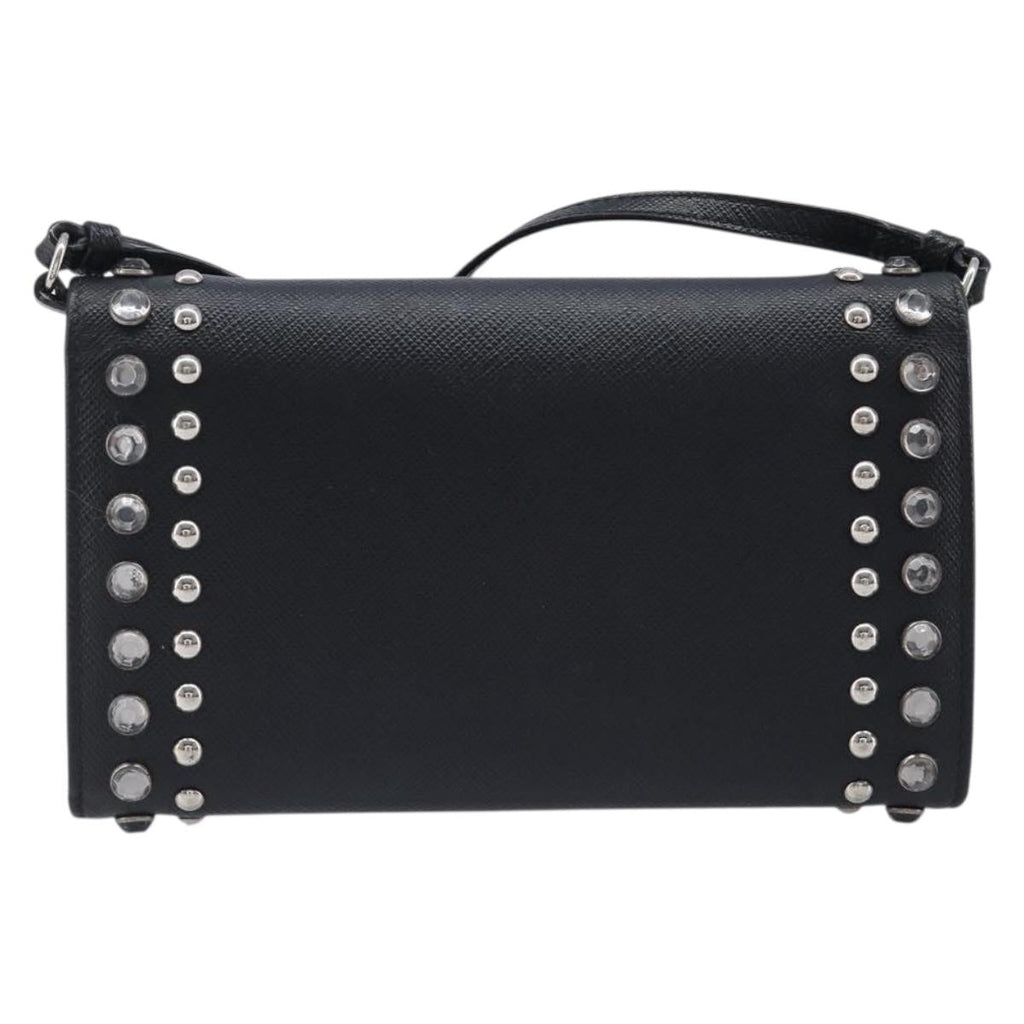 PRADA Shoulder Wallet Safiano leather Black Silver Auth 206147V